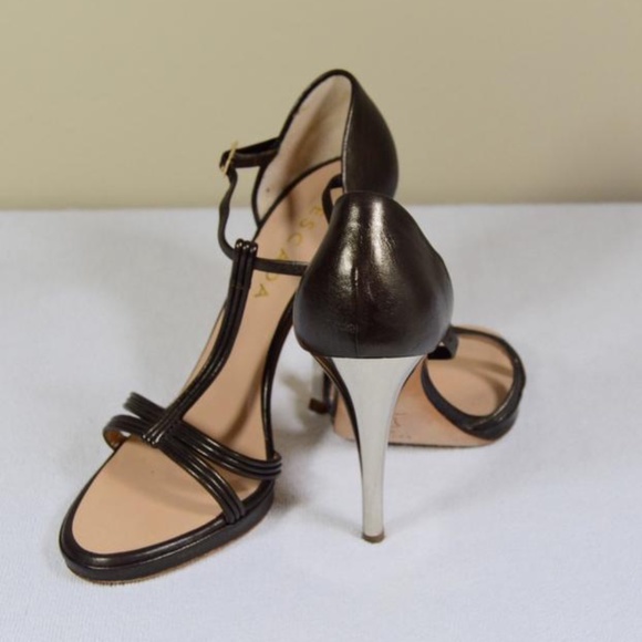 👠 Escada Pewter Metallic Mirrored Heel T-Strap Sandalsl  🇮🇹 - Picture 10 of 13